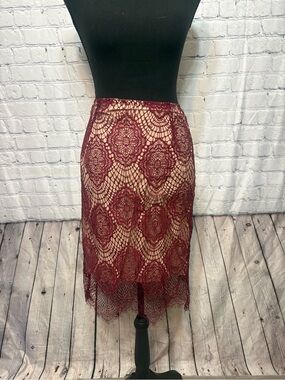 Olivaceous Burgundy Lace Pencil Skirt